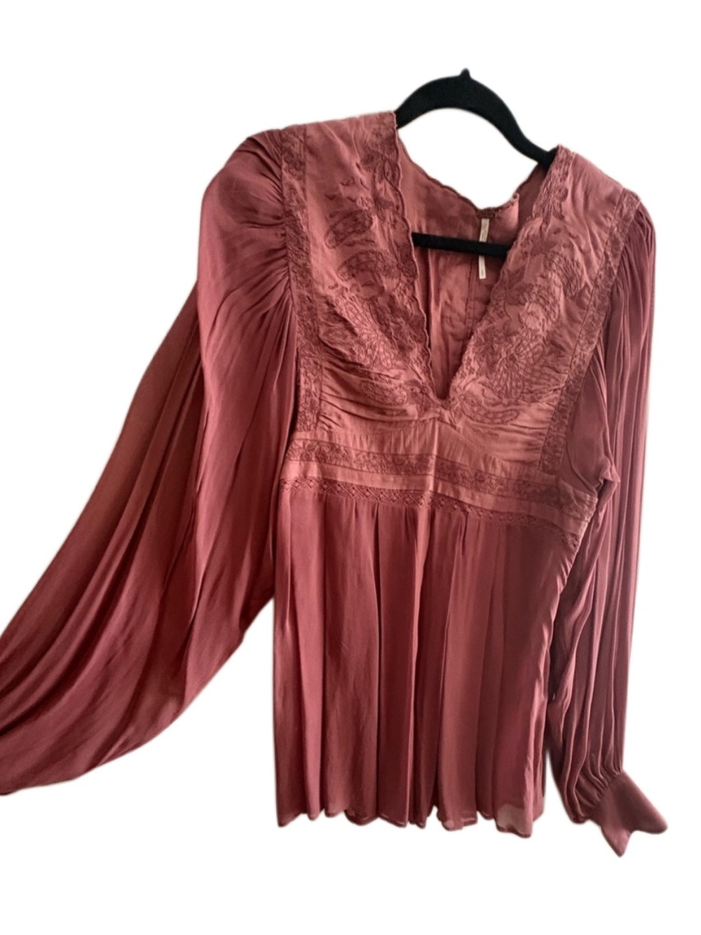 Free People Dusty Rose Lace-Trim Long-Sleeve Blouse